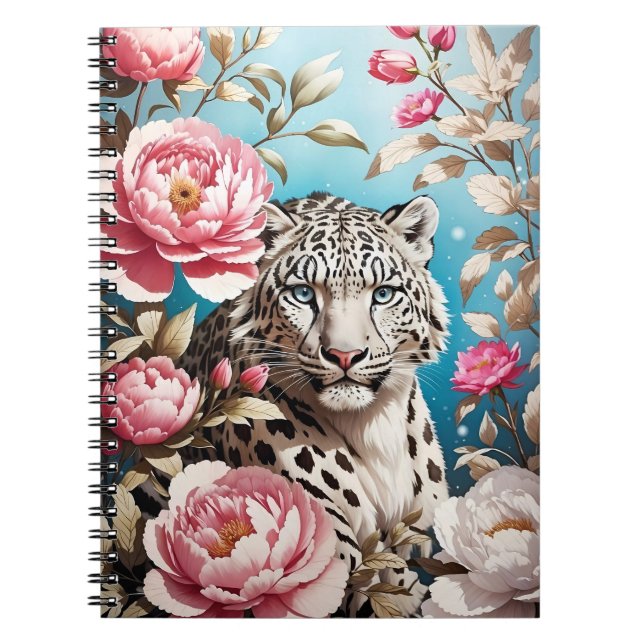 Striking Snow Leopard Gaze And Pink Peonies Notebook (Front)