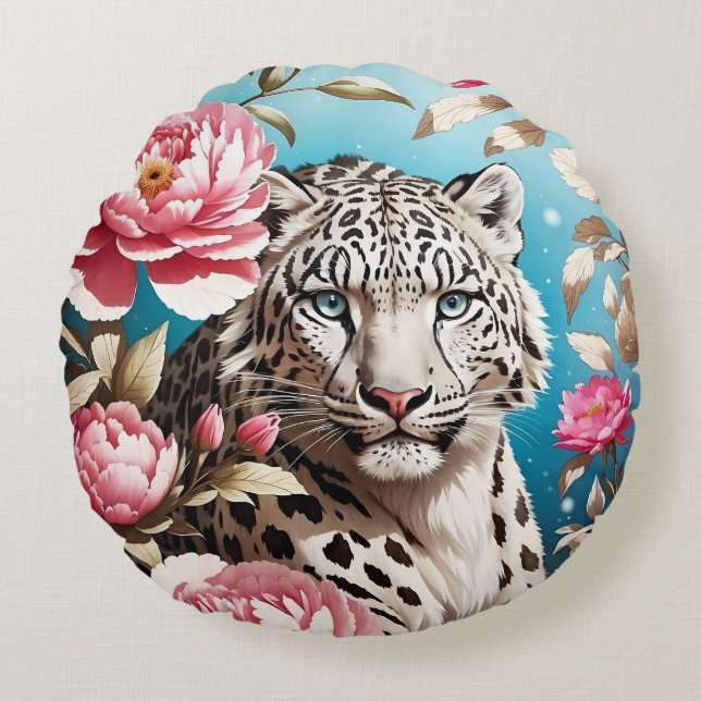 Striking Snow Leopard Gaze And Pink Peonies Round Cushion (Front)
