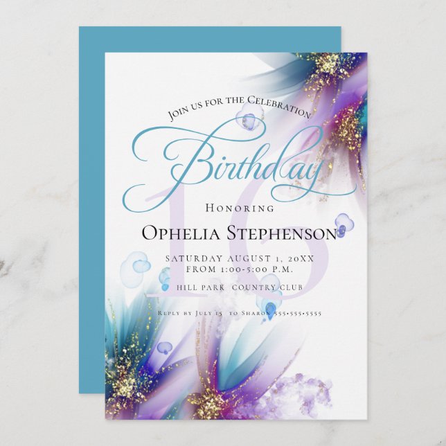 Striking Teal Amethyst Abstract Floral Birthday Invitation (Front/Back)