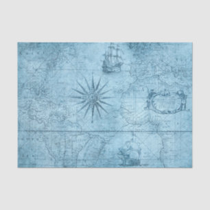 Striking Vintage Style Blue Map and Ships Tissue Paper