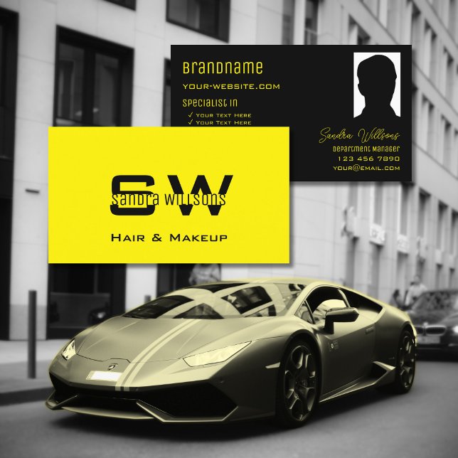 Striking Yellow Black Cool with Monogram and Photo Business Card (Creator Uploaded)