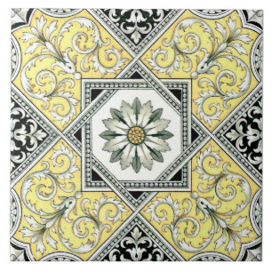 Striking Yellow Black Gray Repro Transferware Ceramic Tile