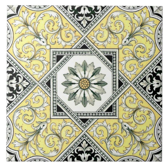 Striking Yellow Black Gray Repro Transferware Ceramic Tile (Front)