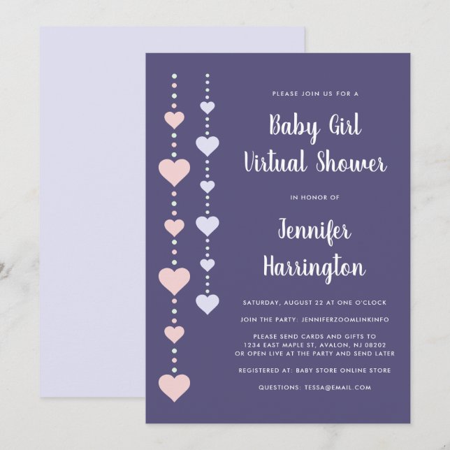 String Hearts Pink Purple Virtual Baby Girl Shower Invitation (Front/Back)