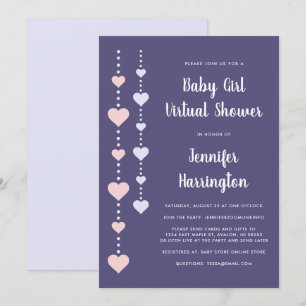 String Hearts Pink Purple Virtual Baby Girl Shower Invitation