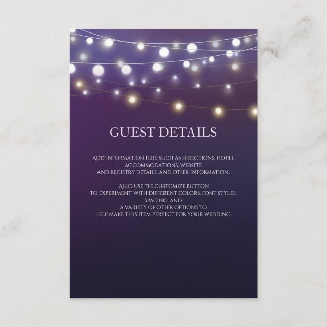 String Light Evening Wedding Guest Information Enclosure Card (Front)