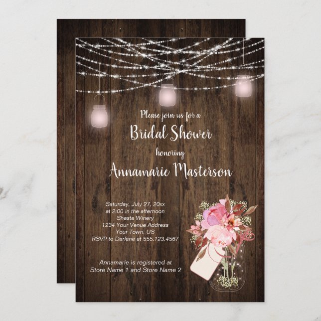 String Light Mason Jar Floral Bridal Shower | Invitation (Front/Back)