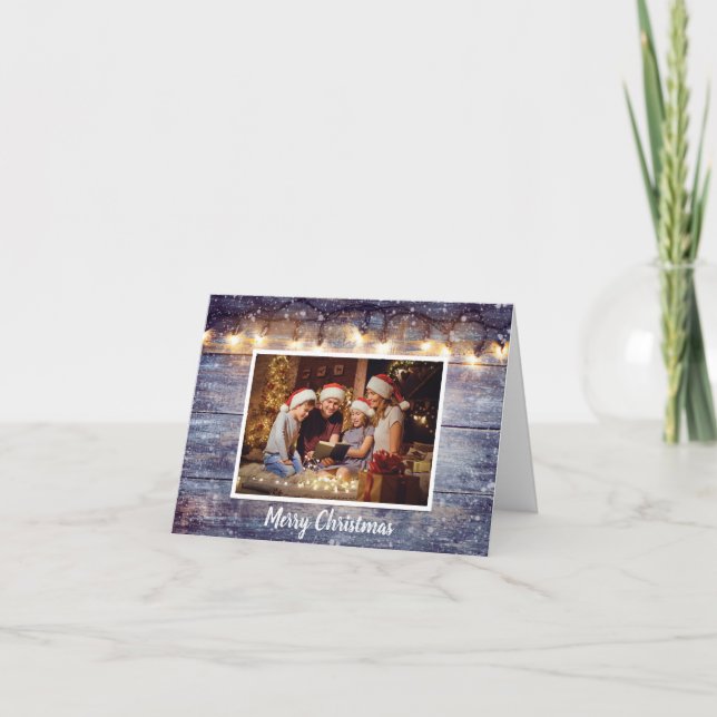 String Light Rustic Wood Photo  Holiday Card (Front)