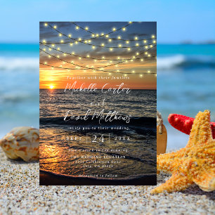 String Light Sunset Beach Wedding Invitation