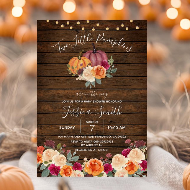 String Light Wood Two Little Pumpkin Baby Shower  Invitation (Creator Uploaded)