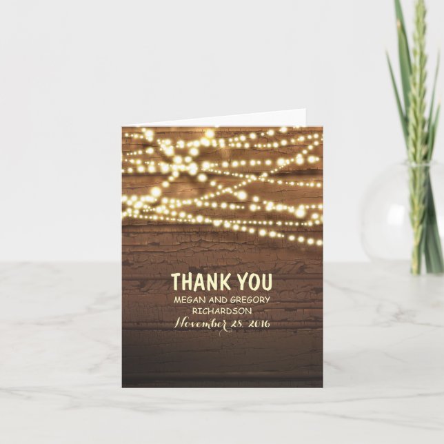 String Lights and Barn Wood Wedding Thank You (Front)