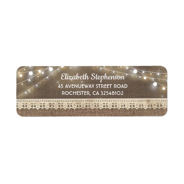 String Lights and Burlap Rustic Wedding Return Address Label (Front)