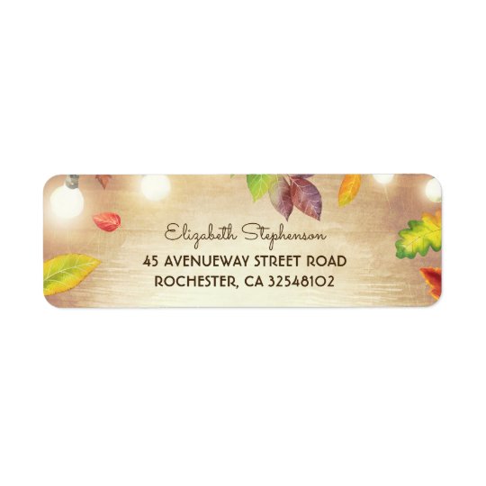 String Lights and Fall Leaves Rustic Wood Return Address Label