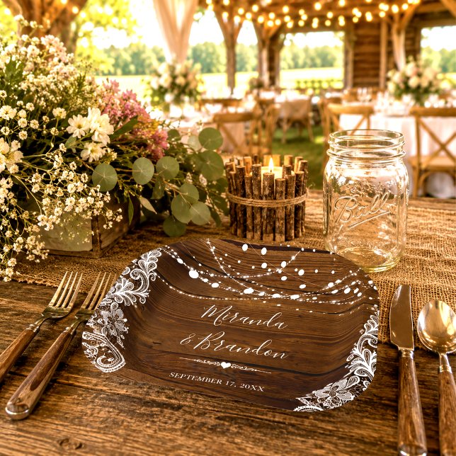 String Lights and Lace Rustic Wood Wedding Paper Plate (Creator Uploaded)