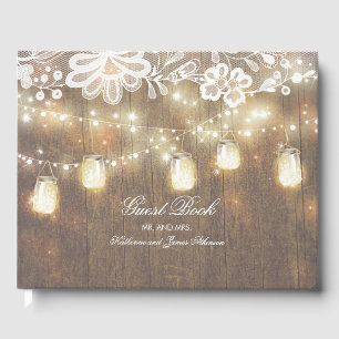 String Lights and Mason Jar Lace and Wood Wedding Guest Book