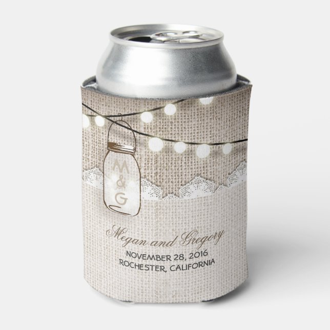 String Lights and Mason Jar Rustic Burlap Can Cooler (Can Front)