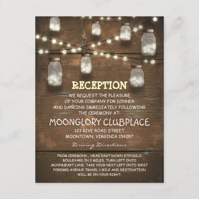 string lights and mason jars wedding reception enclosure card (Front)