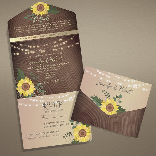 String Lights and Rustic Sunflower Wedding All In One Invitation