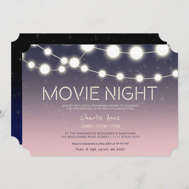 String lights backyard movie night 13th birthday invitation (Front/Back)