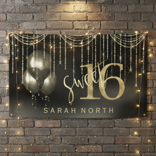 String Lights & Balloons Sweet 16 Black/Gold ID473 Banner