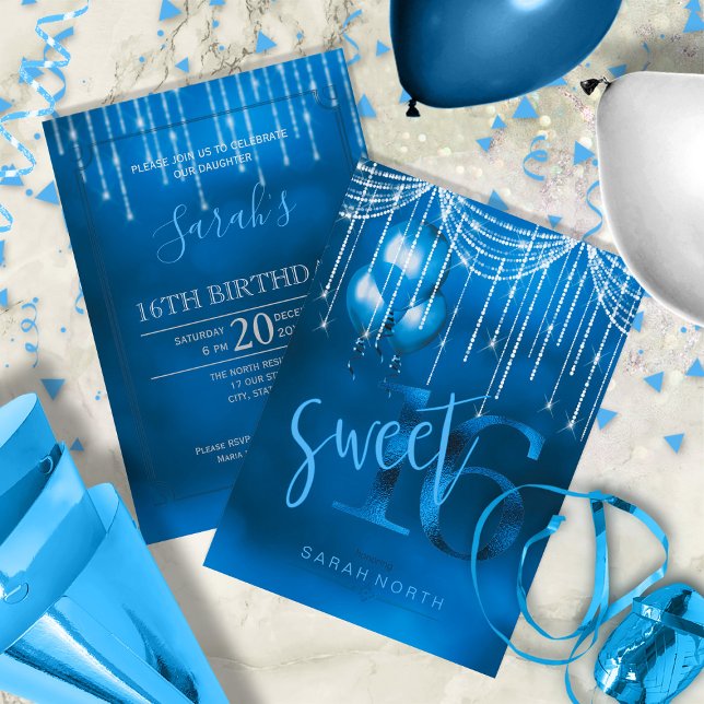 String Lights & Balloons Sweet 16 Dk Blue ID473 Invitation (Front/Back In Situ)