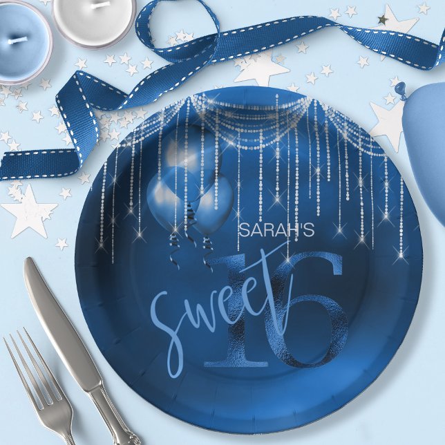 String Lights & Balloons Sweet 16 Dk Blue ID473 Paper Plate (Creator Uploaded)