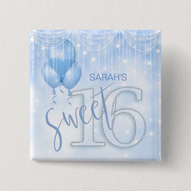 String Lights & Balloons Sweet 16 Lt. Blue ID473 15 Cm Square Badge (Front)