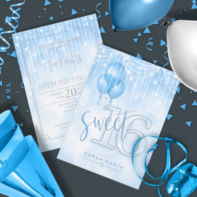 String Lights & Balloons Sweet 16 Lt. Blue ID473 Invitation (Front/Back In Situ)