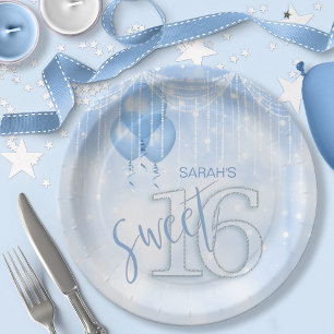 String Lights & Balloons Sweet 16 Lt. Blue ID473 Paper Plate