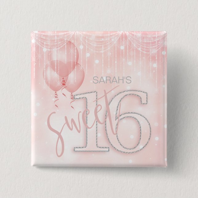 String Lights & Balloons Sweet 16 Rose Gold ID473 15 Cm Square Badge (Front)