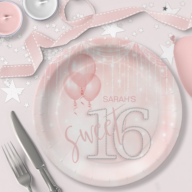 String Lights & Balloons Sweet 16 Rose Gold ID473 Paper Plate (Creator Uploaded)