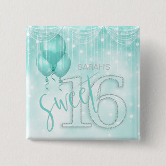 String Lights & Balloons Sweet 16 Teal ID473 15 Cm Square Badge