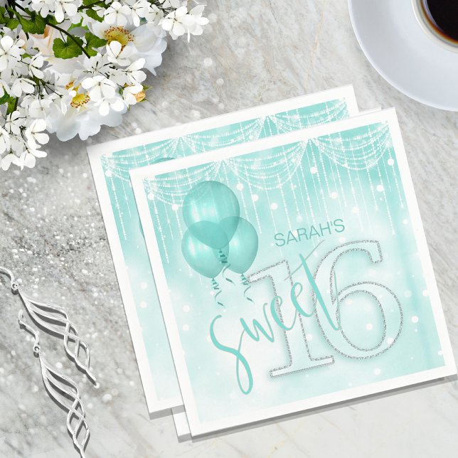 String Lights & Balloons Sweet 16 Teal ID473 Napkin (Creator Uploaded)