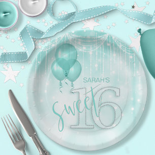 String Lights & Balloons Sweet 16 Teal ID473 Paper Plate