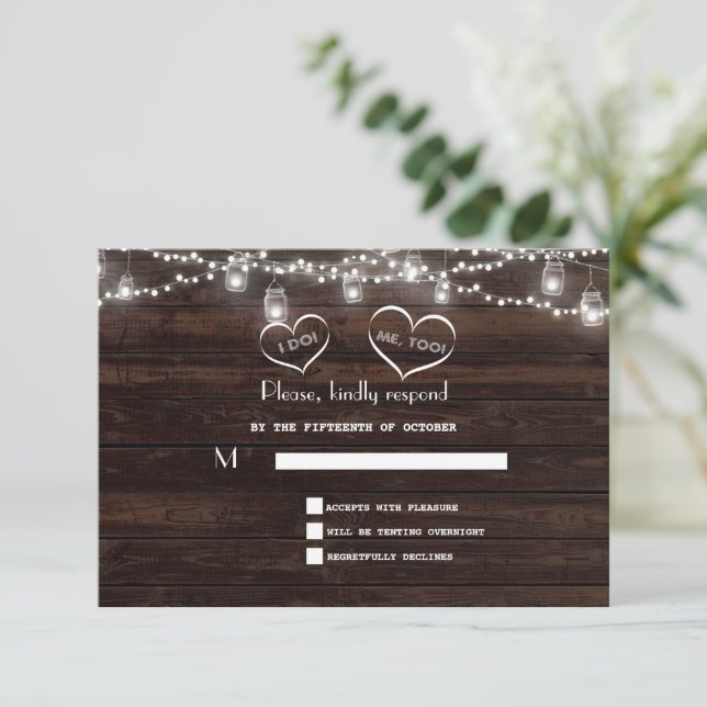 String Lights Barn Mason Jar BBQ Wedding  RSVP Card (Standing Front)