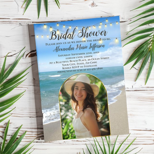 String Lights Beach Bridal Shower Arch Photo Invitation (arched frame bridal shower invitation string lights photo template printed invites)