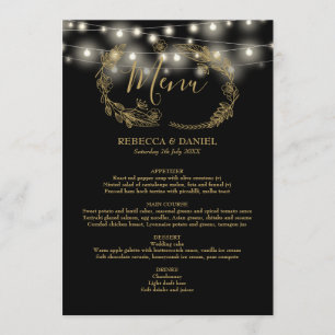String Lights Black And Gold Floral Wedding Menu