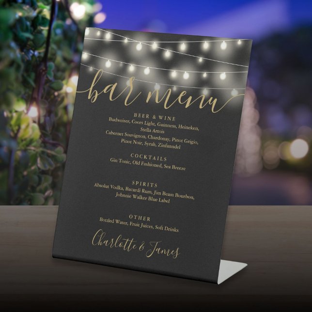 String Lights Black And Gold Wedding Bar Menu Pedestal Sign (String Lights Black And Gold Wedding Bar Menu Pedestal Sign)