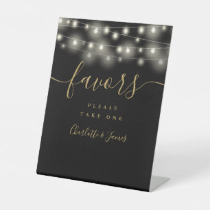 String Lights Black And Gold Wedding Favors Table Pedestal Sign