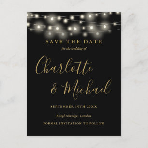 String Lights Black And Gold Wedding Save the Date Postcard