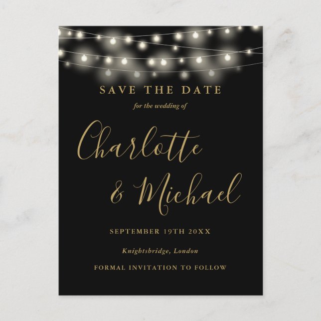 String Lights Black And Gold Wedding Save the Date Postcard (Front)