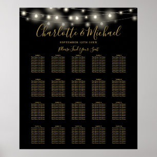 String Lights Black And Gold Wedding Seating Chart