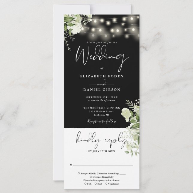 String Lights Black And White All In One Wedding Invitation (Front)