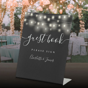 String Lights Black And White Script Guest Book Pedestal Sign