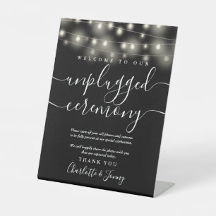 String Lights Black And White Unplugged Ceremony Pedestal Sign