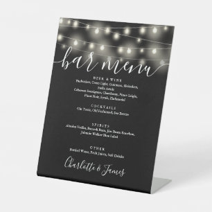 String Lights Black And White Wedding Bar Menu Pedestal Sign