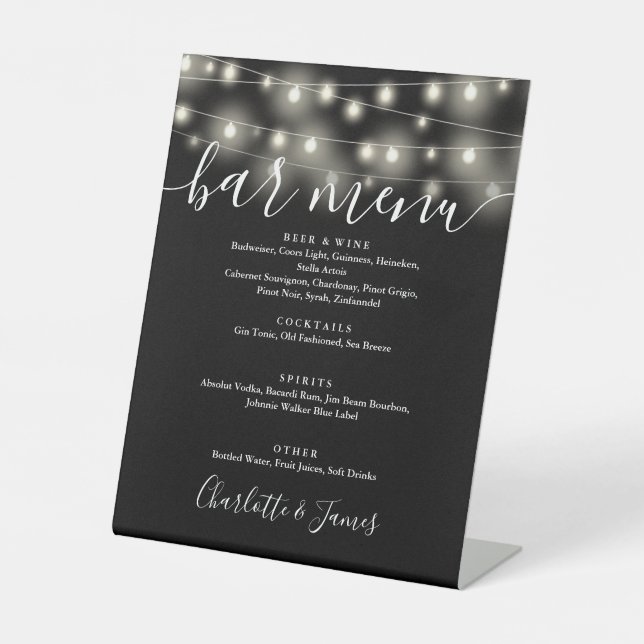 String Lights Black And White Wedding Bar Menu Pedestal Sign (Front)