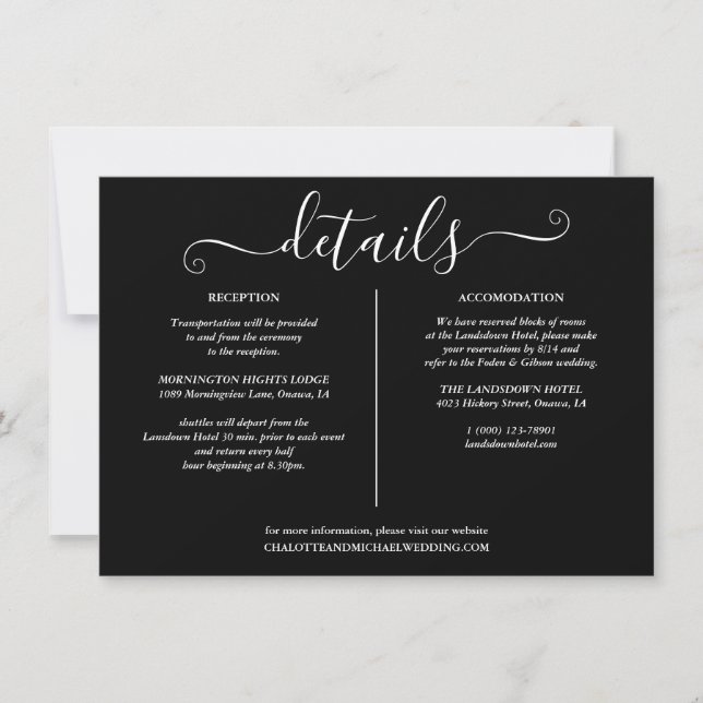 String Lights Black And White Wedding Details Info Invitation (Front)