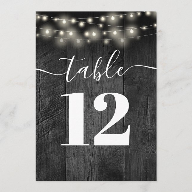 String Lights Black Barn Wood Boho Table Number (Front)