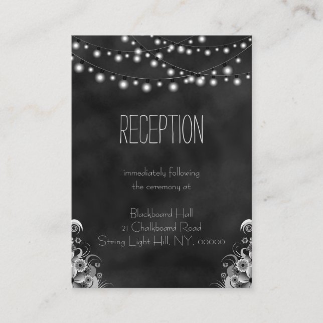 String Lights Black Chalkboard Reception Enclosure Card (Front)